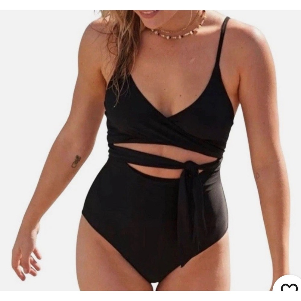 Aerie Black Wrap Cutout One Piece Swimsuit Tie Front Full Coverage L Large